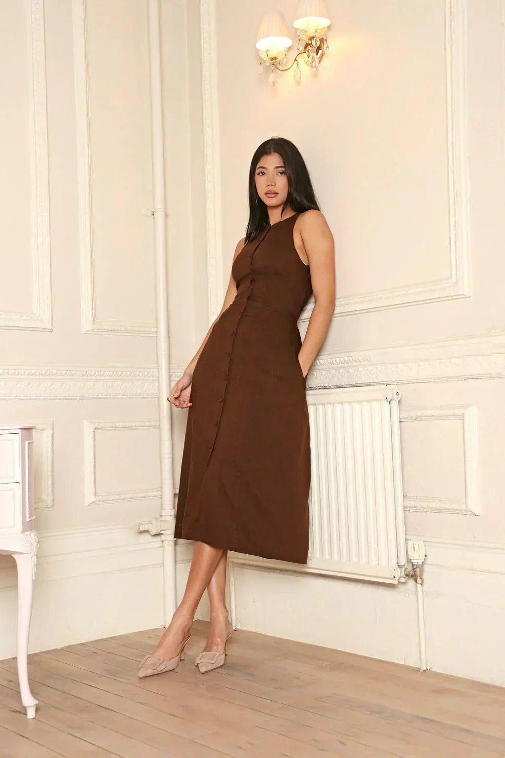 Midi Dress Women Sleeveless Button Front Round Neck - Evergreen Outfits- Women Midi Dress