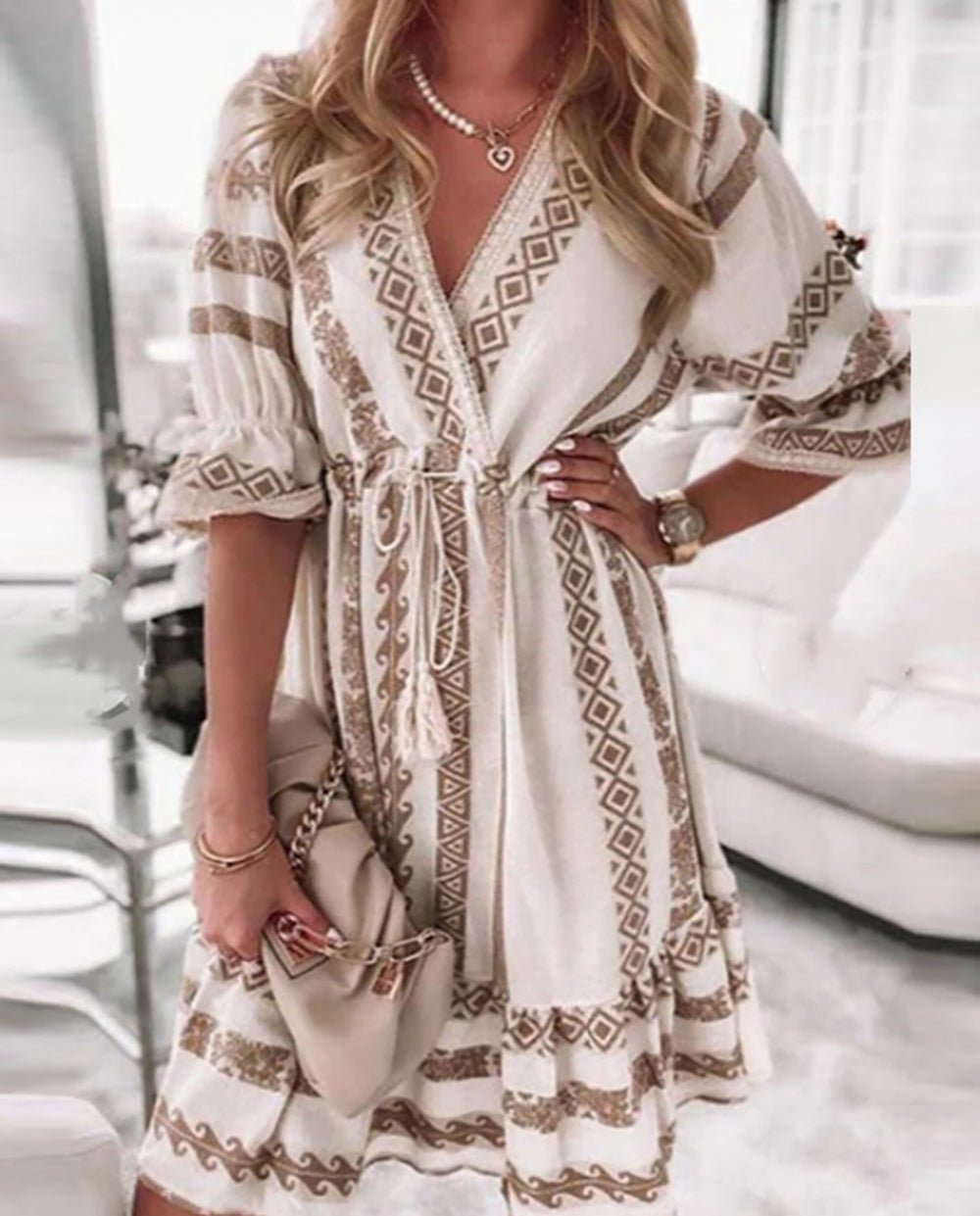 Midi Dress Women V-Neck Three Quarter Sleeve Design - Evergreen Outfits- Women Midi Dress