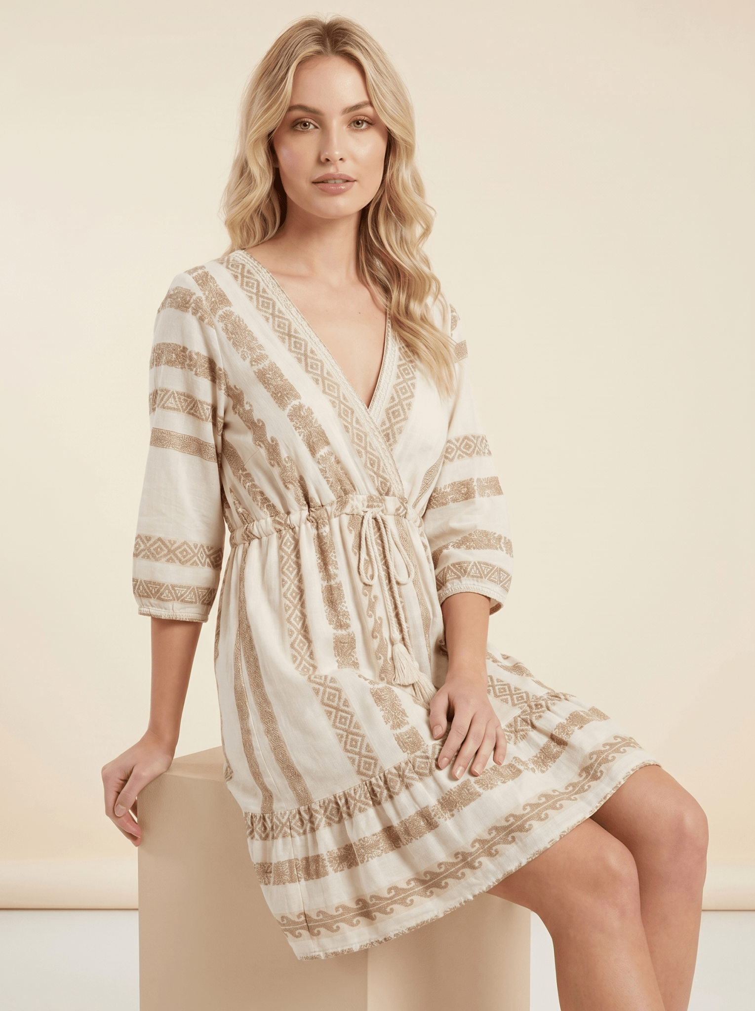 Midi Dress Women V-Neck Three Quarter Sleeve Design - Evergreen Outfits- Women Midi Dress
