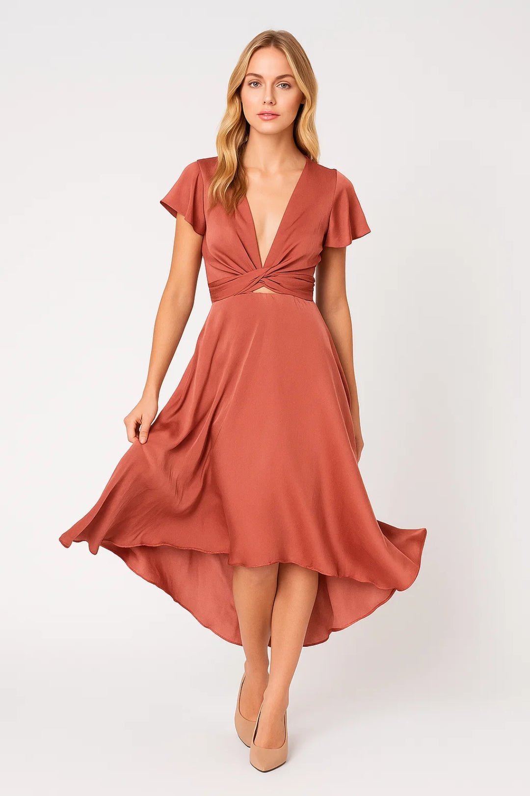 Midi Dress Women Wrap Front Short Sleeve Asymmetrical - Evergreen Outfits- Women Midi Dress