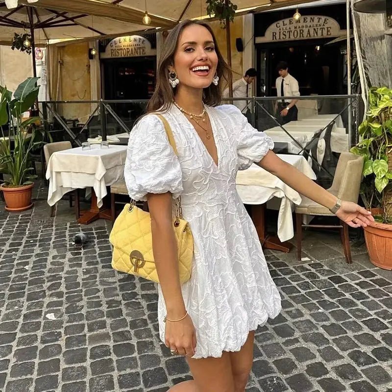 Mini Dress Women A Line V Neck Puff Sleeve Floral Design - Evergreen Outfits - Women Mini Dress