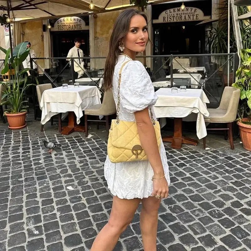 Mini Dress Women A Line V Neck Puff Sleeve Floral Design - Evergreen Outfits - Women Mini Dress