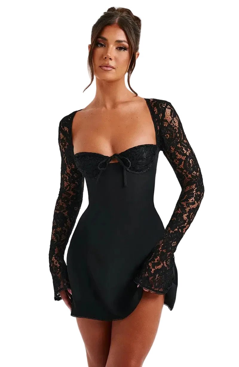 Mini Dress Women Bodycon Lace Sleeve Square Neck Fitted - Evergreen Outfits- Women Mini Dress