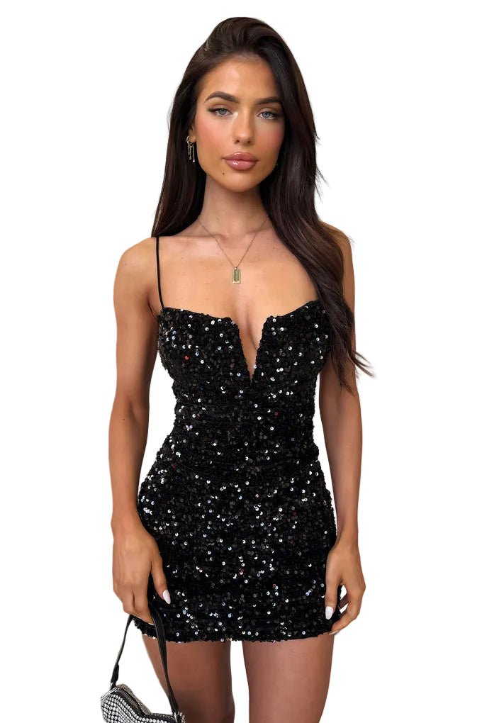 Mini Dress Women Fitted Glittered V Neckline Mini Length - Evergreen Outfits - Women Mini Dress