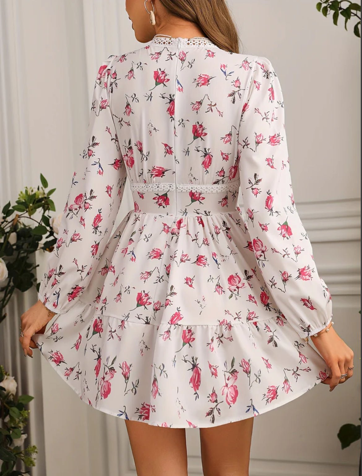 Mini Dress Women Floral Print V-Neck Ruffle Long Sleeve - Evergreen Outfits- Women Mini Dress