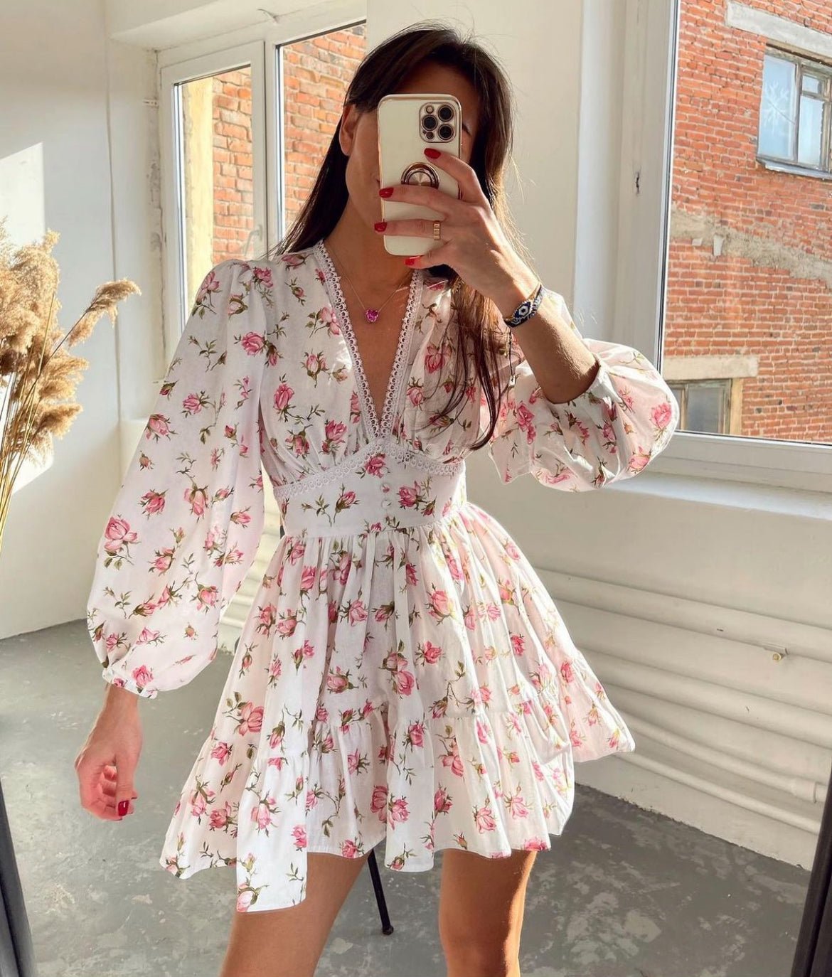 Mini Dress Women Floral Print V-Neck Ruffle Long Sleeve - Evergreen Outfits- Women Mini Dress