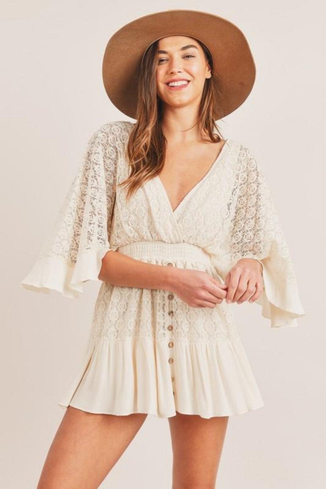 Mini Dress Women Lace Bell Sleeve Button Front Back Tie - Evergreen Outfits- Women Mini Dress