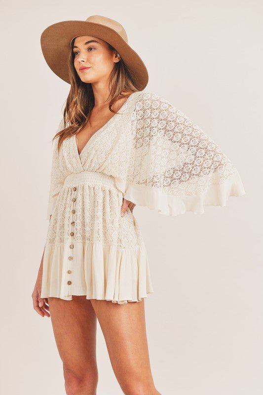 Mini Dress Women Lace Bell Sleeve Button Front Back Tie - Evergreen Outfits- Women Mini Dress