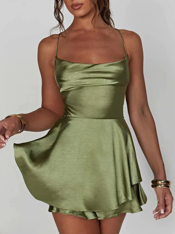 Mini Dress Women Satin Spaghetti Strap Cross Back Design - Evergreen Outfits- Women Mini Dress