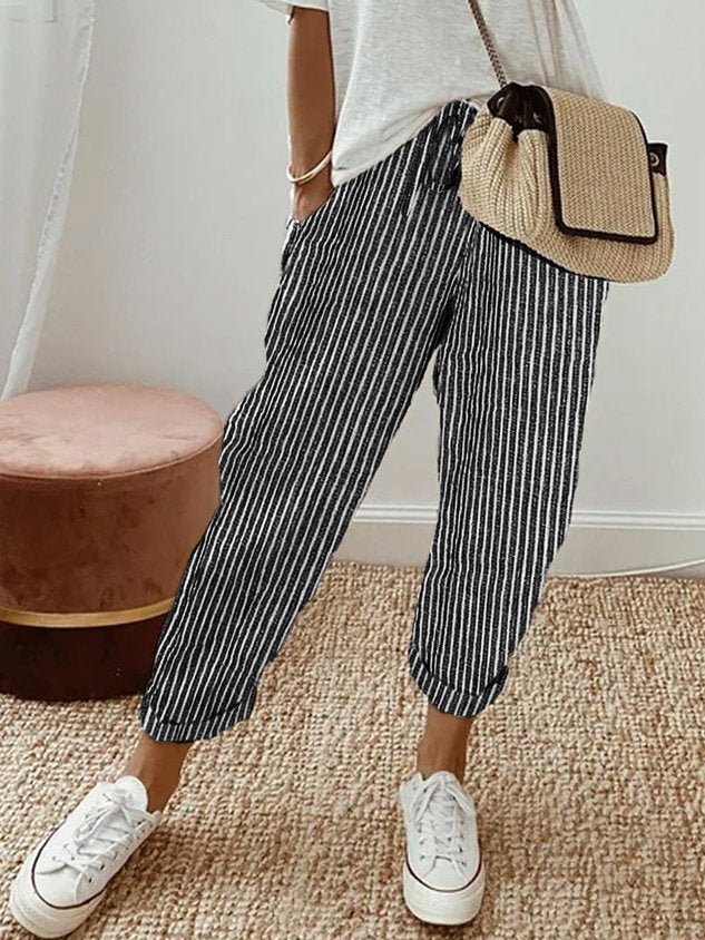 Trousers Women Linen Relaxed Fit Drawstring Full Length - Evergreen Outfits - Women Pants