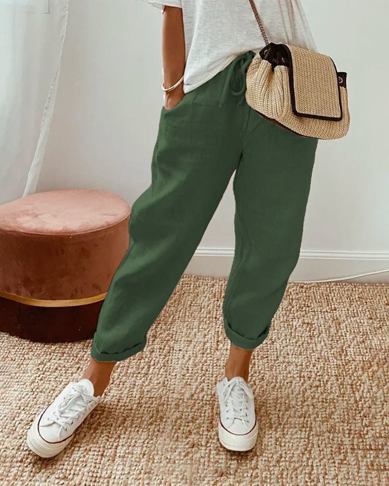 Trousers Women Linen Relaxed Fit Drawstring Full Length - Evergreen Outfits - Women Pants