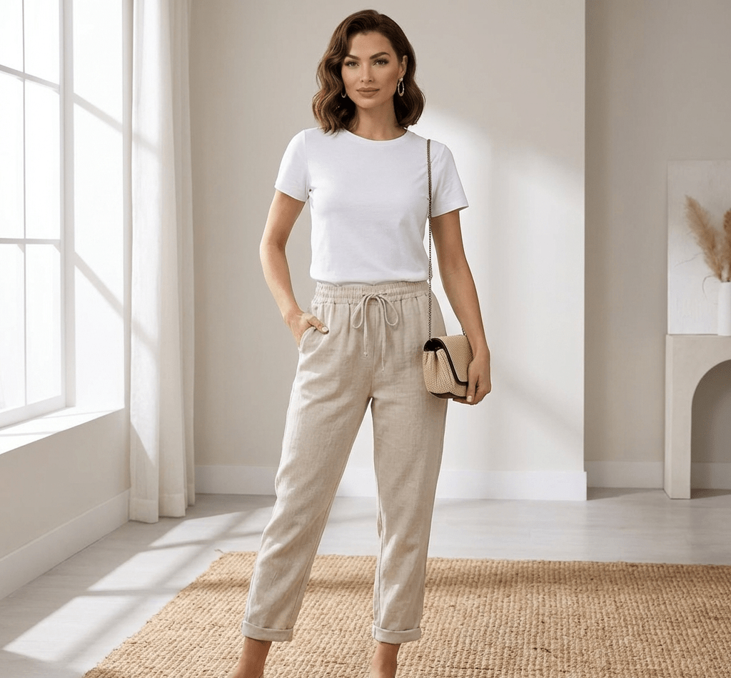 Trousers Women Linen Relaxed Fit Drawstring Full Length - Evergreen Outfits - Women Pants