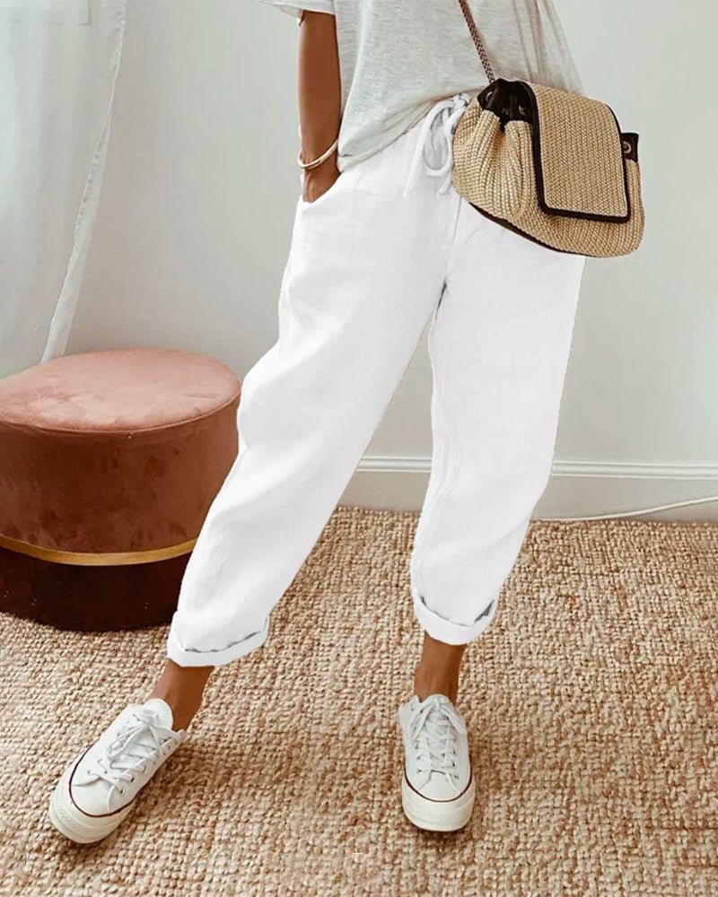 Trousers Women Linen Relaxed Fit Drawstring Full Length - Evergreen Outfits - Women Pants