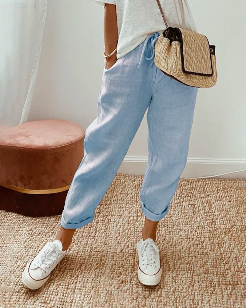 Trousers Women Linen Relaxed Fit Drawstring Full Length - Evergreen Outfits - Women Pants