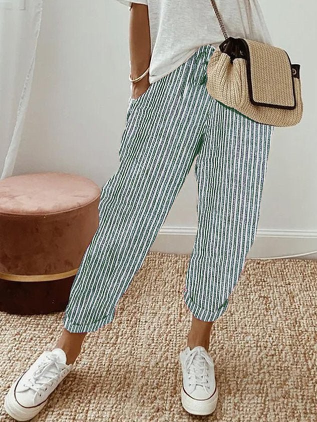Trousers Women Linen Relaxed Fit Drawstring Full Length - Evergreen Outfits - Women Pants
