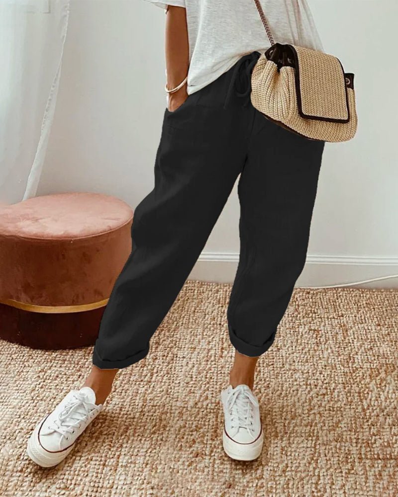 Trousers Women Linen Relaxed Fit Drawstring Full Length - Evergreen Outfits - Women Pants
