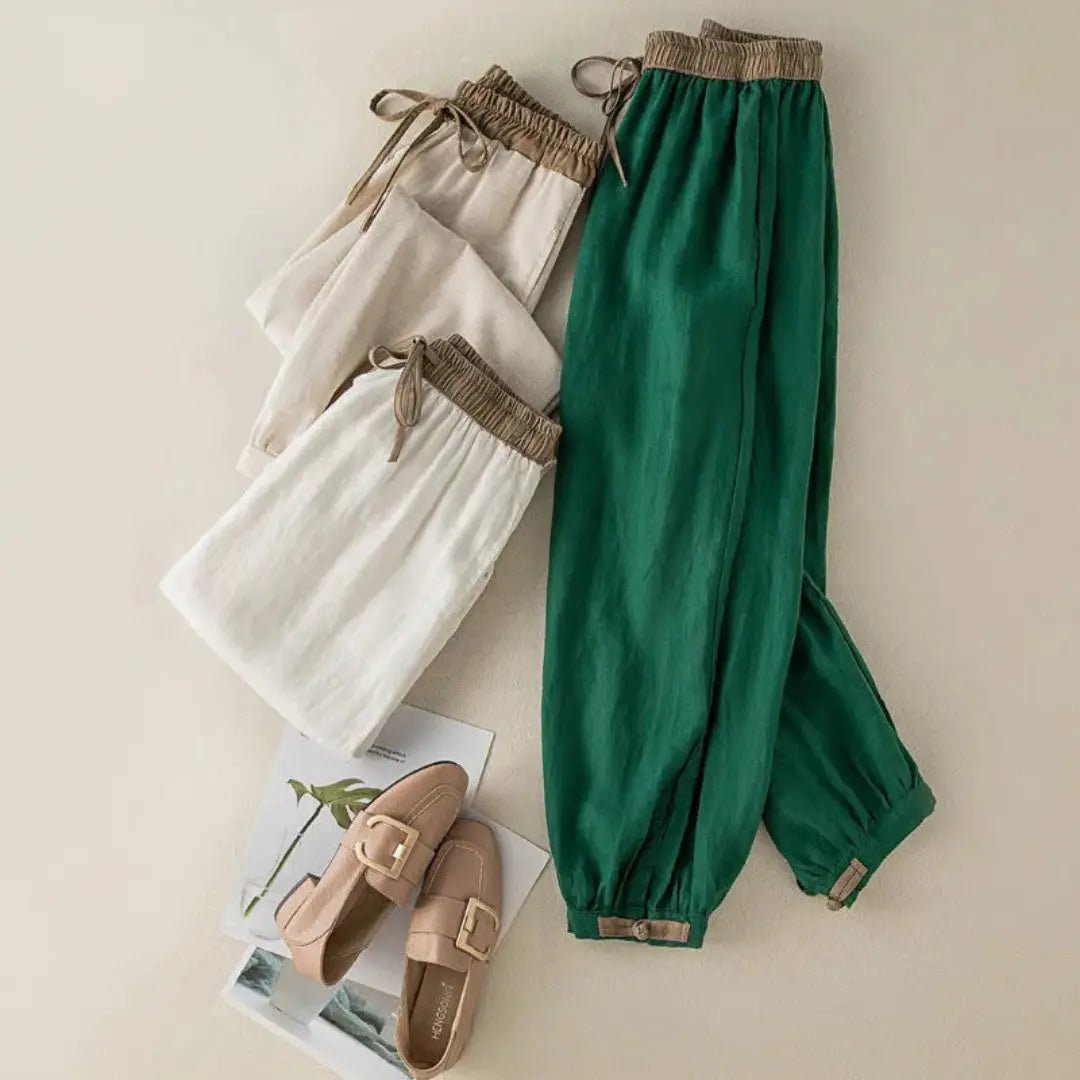 Trousers Women Relaxed Fit Drawstring Linen Full Length - Evergreen Outfits - Women Pants