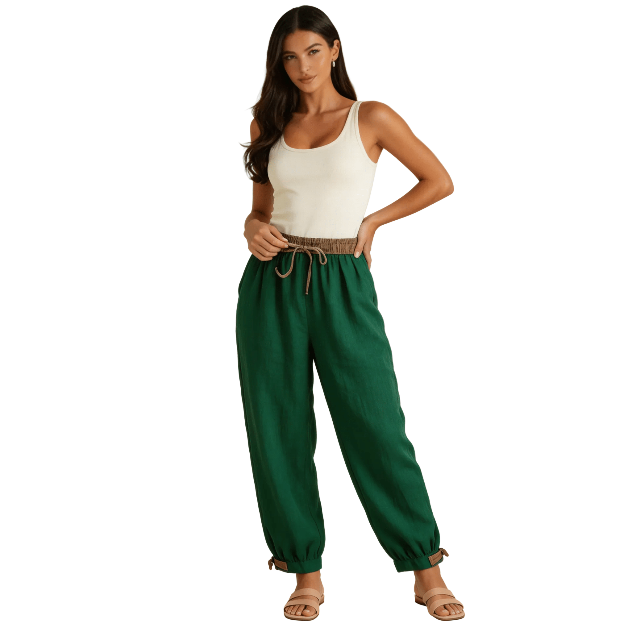 Trousers Women Relaxed Fit Drawstring Linen Full Length - Evergreen Outfits - Women Pants