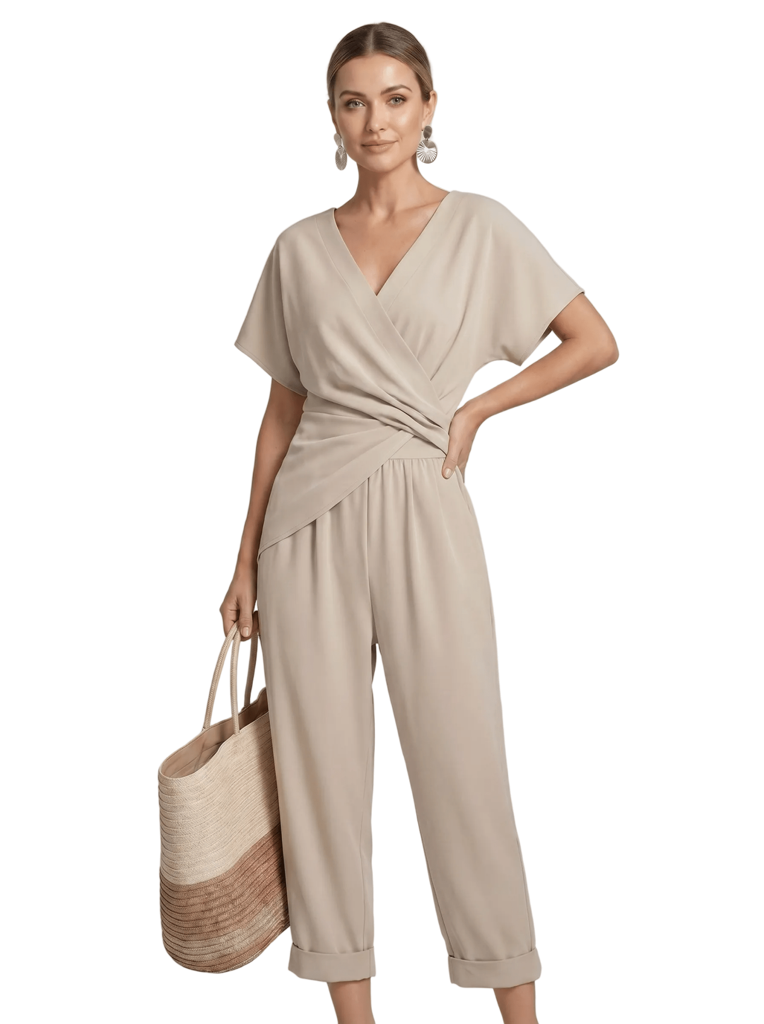 Two Piece Set Women Long Sleeve Top Wide Leg Trousers - Evergreen Outfits - Women Set