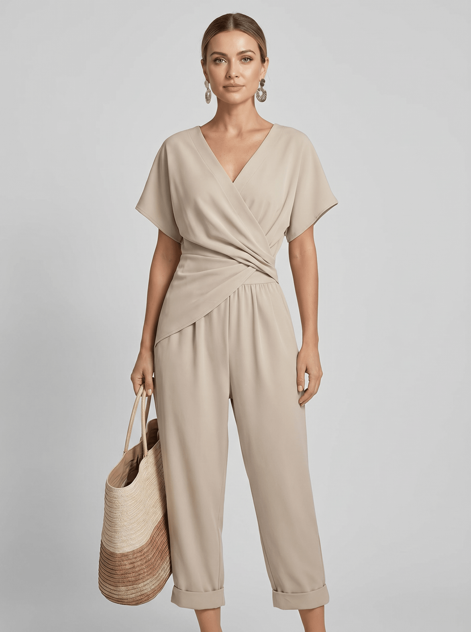 Two Piece Set Women Long Sleeve Top Wide Leg Trousers - Evergreen Outfits - Women Set