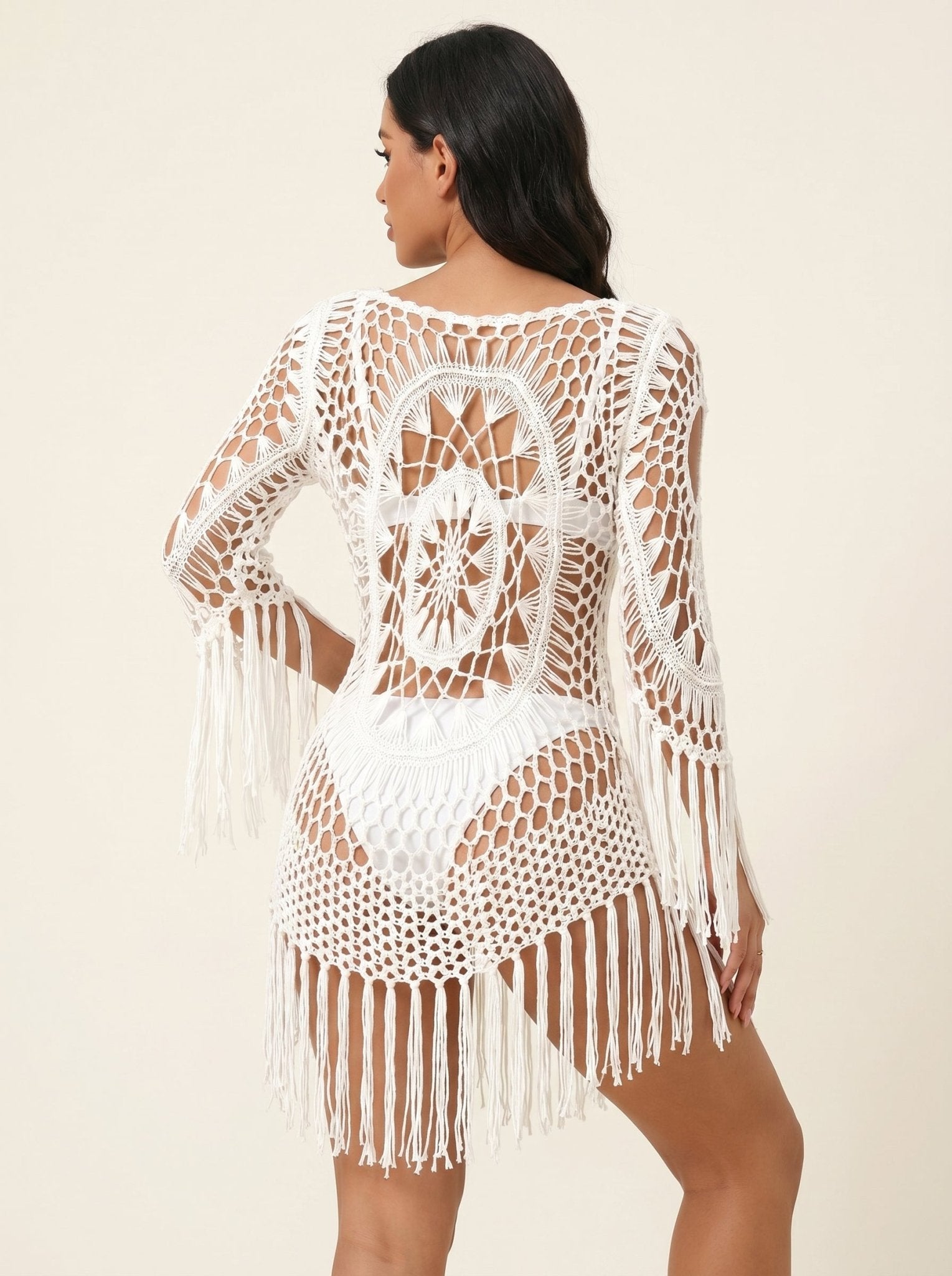 Women Beach Tunic Crocheted Mandala Fringe Mini Cover Up - Evergreen Outfits - Women Mini Dress