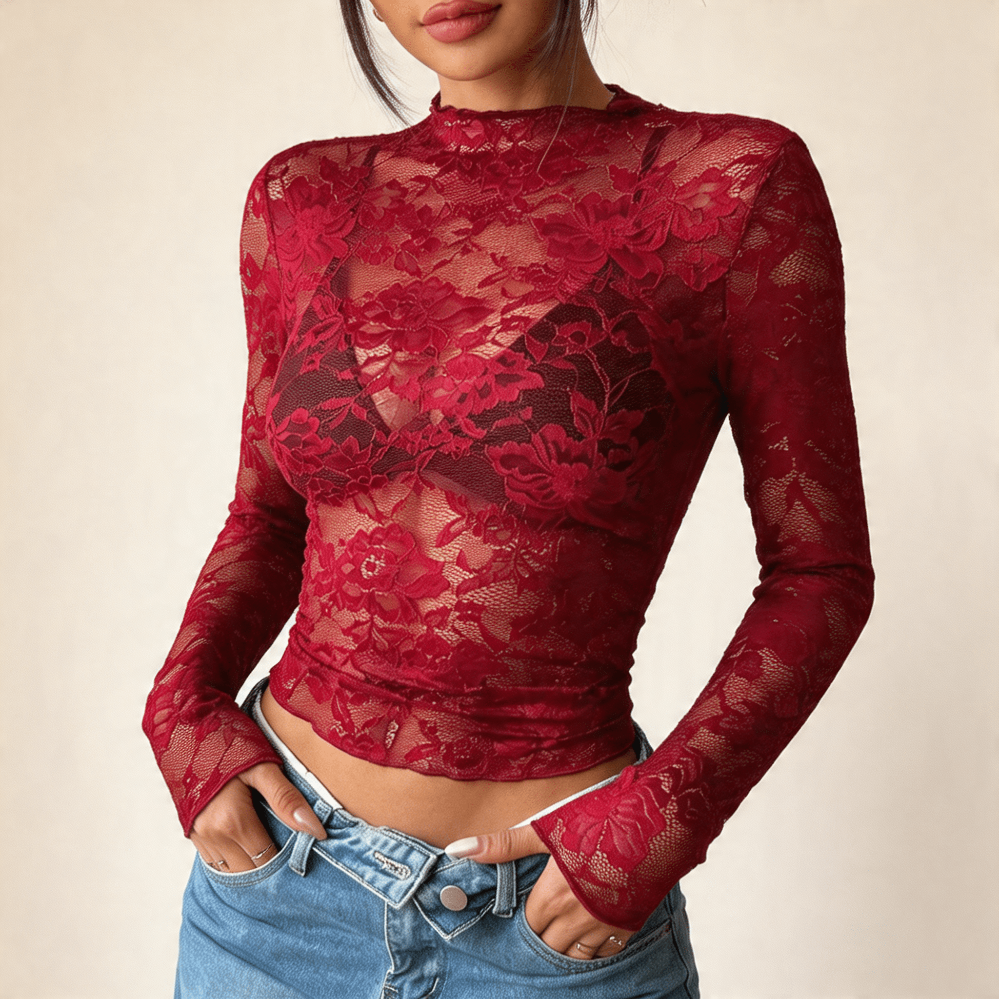 Women Blouse Cropped Fit Long Sleeve Sheer Lace Design - Evergreen Outfits - Women Blouse