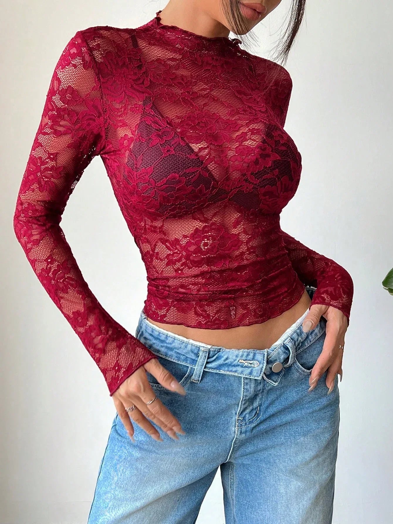 Women Blouse Cropped Fit Long Sleeve Sheer Lace Design - Evergreen Outfits - Women Blouse