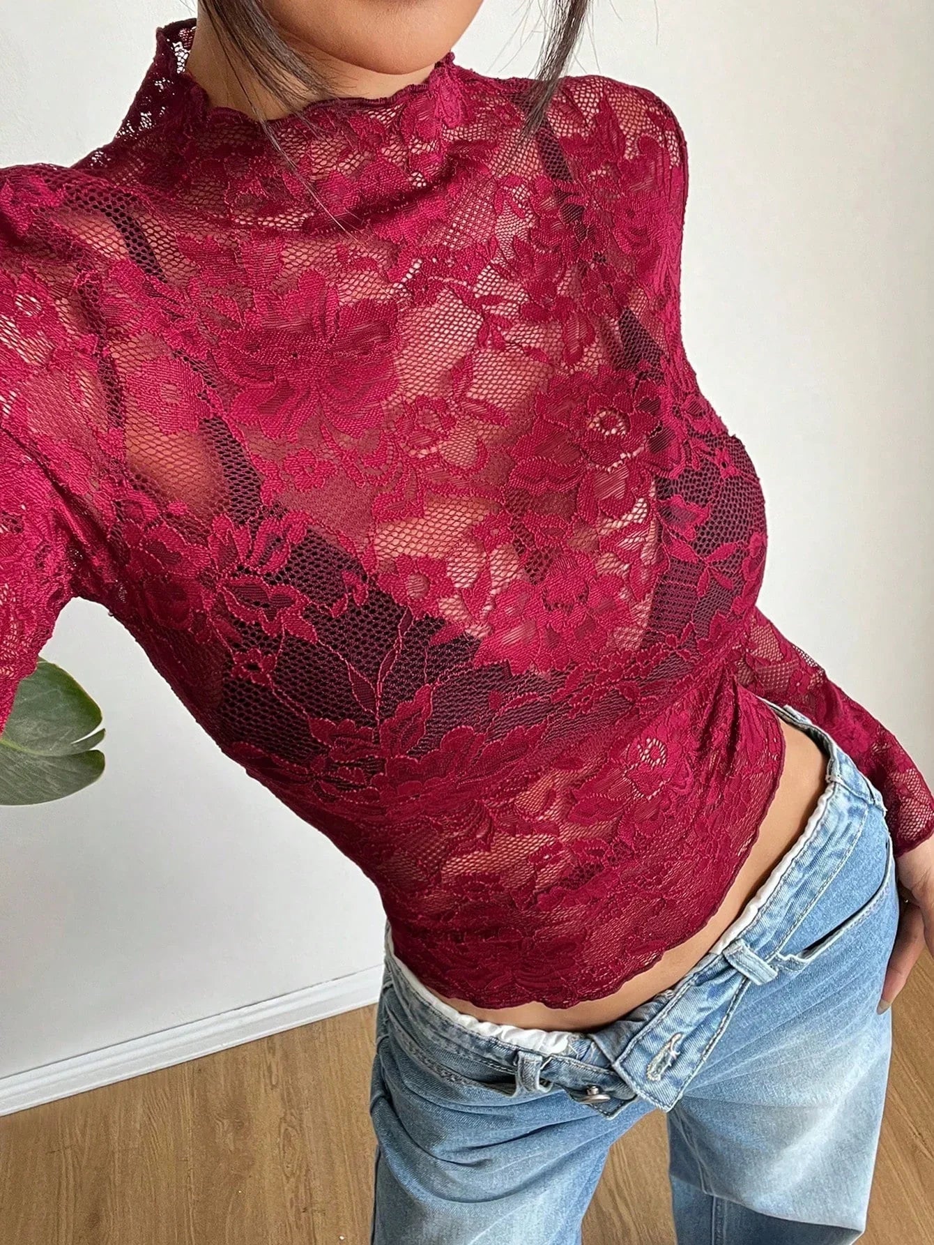 Women Blouse Cropped Fit Long Sleeve Sheer Lace Design - Evergreen Outfits - Women Blouse