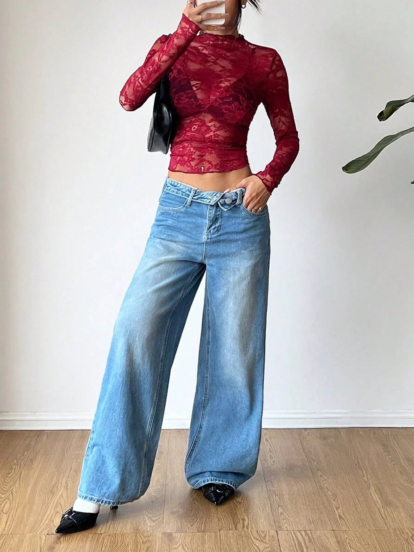 Women Blouse Cropped Fit Long Sleeve Sheer Lace Design - Evergreen Outfits - Women Blouse