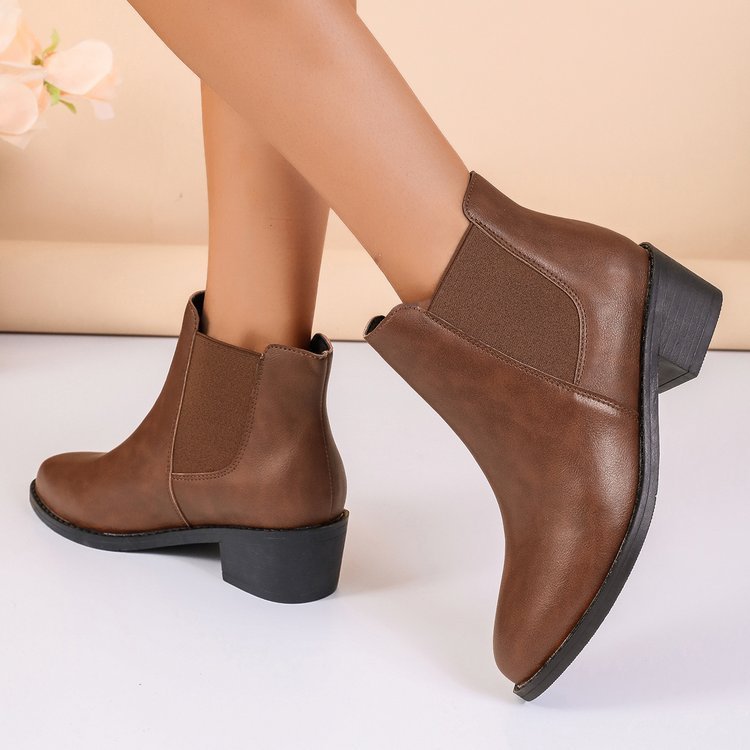 Women Boots Chelsea Design Ankle Length Block Heel Slip On - Evergreen Outfits - Women Boots