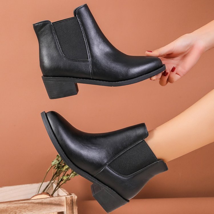 Women Boots Chelsea Design Ankle Length Block Heel Slip On - Evergreen Outfits - Women Boots