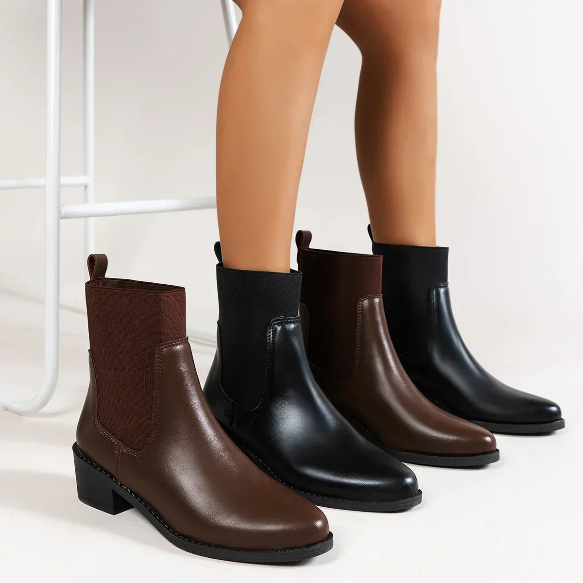 Women Boots Chelsea Design Pointed Toe Block Heel Pull On - Evergreen Outfits - Women Boots