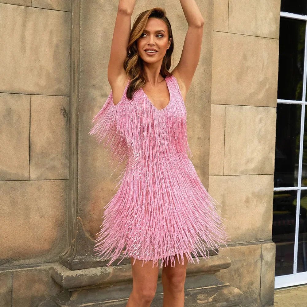 Women Cocktail Dress A Line Fit Fringe Sequin Trim Detail - Evergreen Outfits - Women Mini Dress