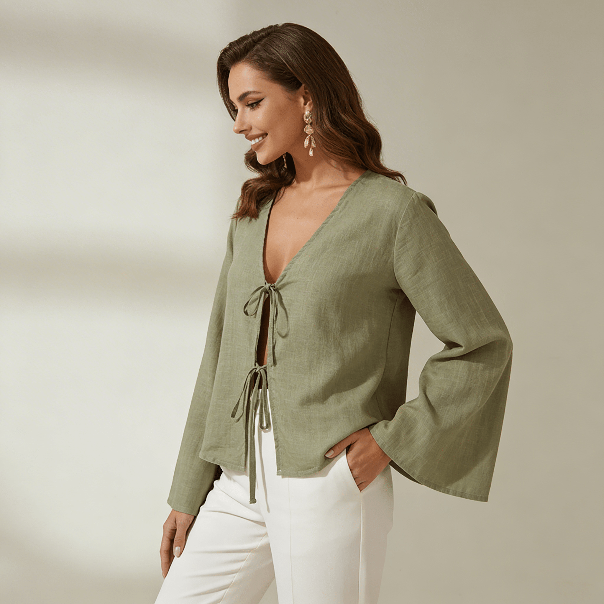 Women Crop Top Linen Cropped Front Tie Closure Design - Evergreen Outfits - Women Top