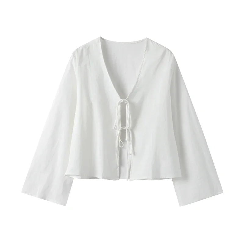 Women Crop Top Linen Cropped Front Tie Closure Design - Evergreen Outfits - Women Top