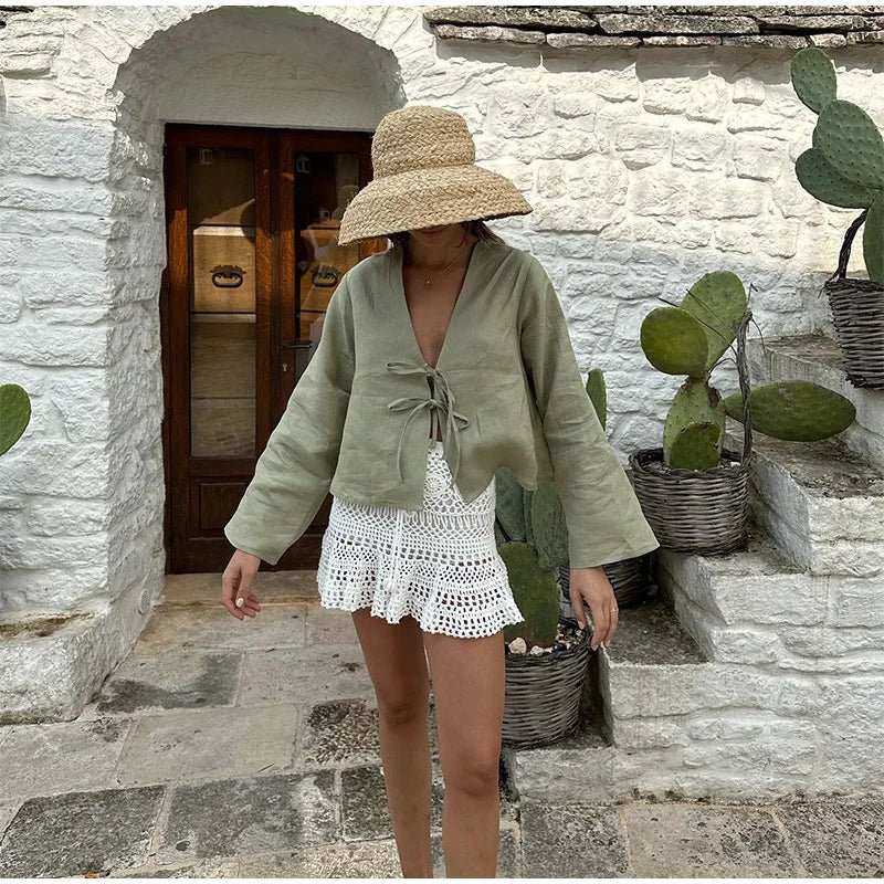 Women Crop Top Linen Cropped Front Tie Closure Design - Evergreen Outfits - Women Top