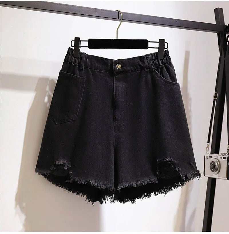 Women Denim Shorts High Waist Straight Leg Raw Hem - Evergreen Outfits - Women Shorts