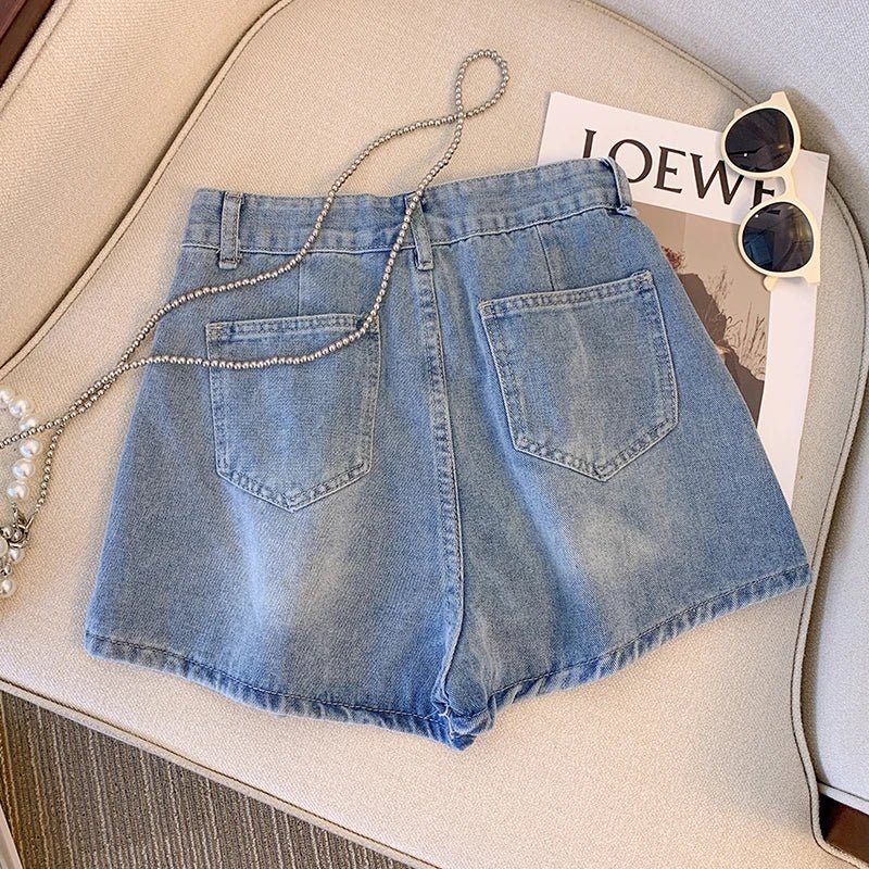 Women Denim Shorts Plus Size Button Fly High Waist - Evergreen Outfits - Women Shorts