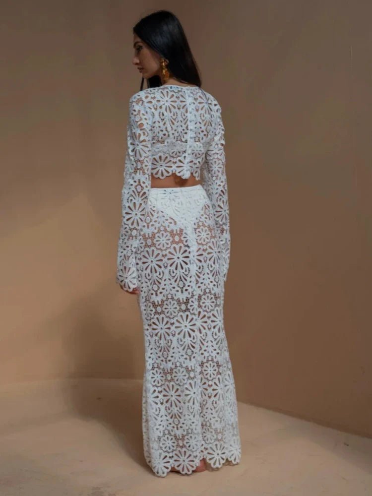 Women Dress Set Embroidered Hollow Out Crop Top Skirt - Evergreen Outfits - Women Maxi Dress