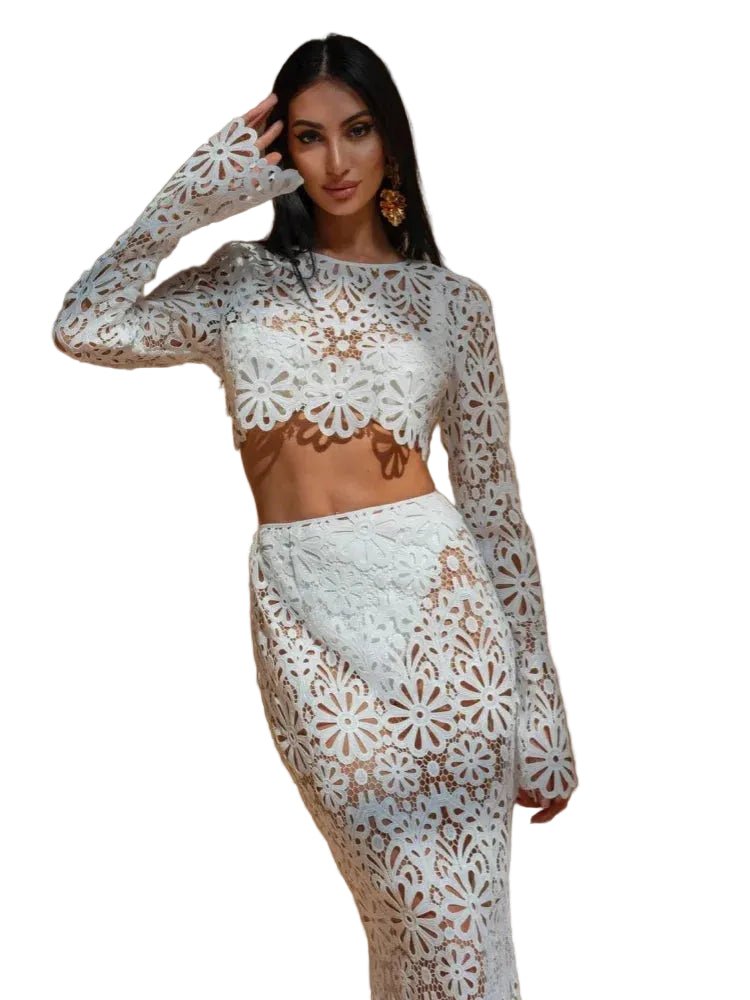 Women Dress Set Embroidered Hollow Out Crop Top Skirt - Evergreen Outfits - Women Maxi Dress