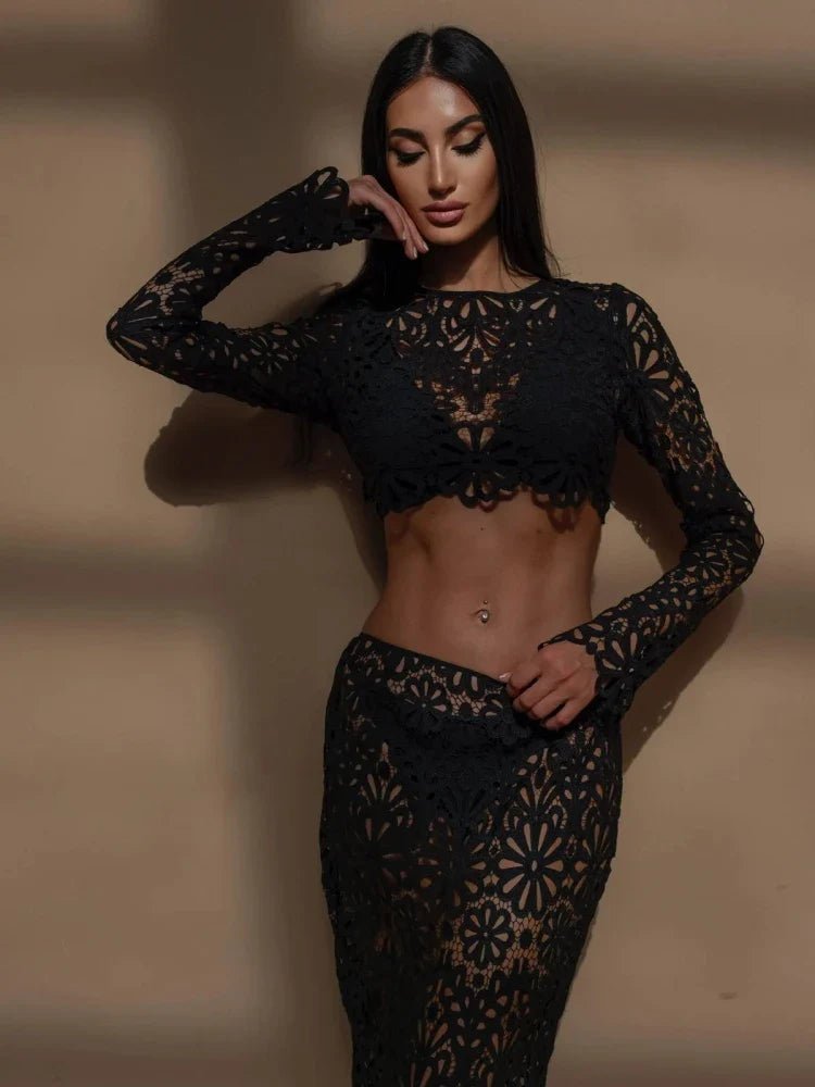 Women Dress Set Embroidered Hollow Out Crop Top Skirt - Evergreen Outfits - Women Maxi Dress