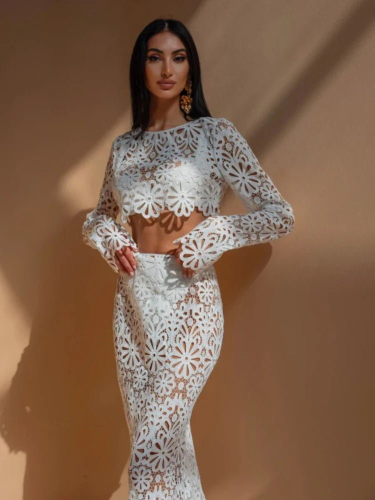 Women Dress Set Embroidered Hollow Out Crop Top Skirt - Evergreen Outfits - Women Maxi Dress