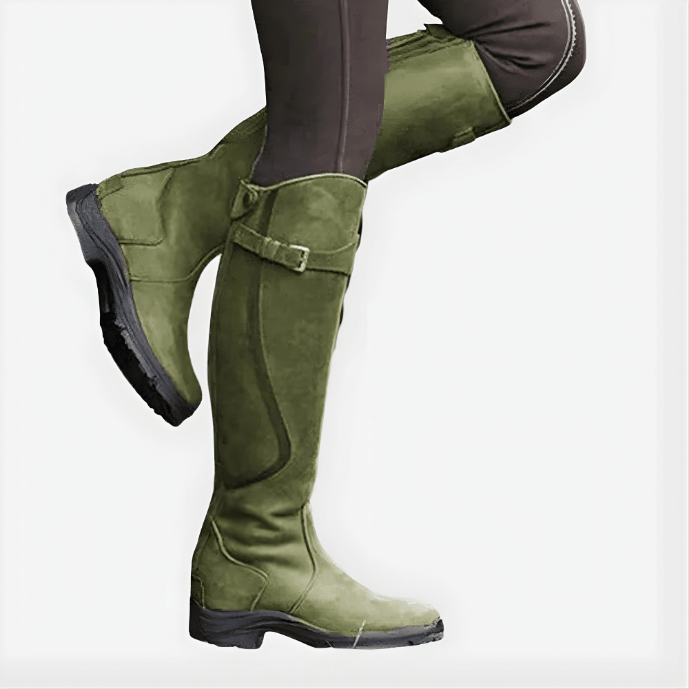 Women High Top Boots Buckle Closure Closed Toe Design - Evergreen Outfits - Women Boots
