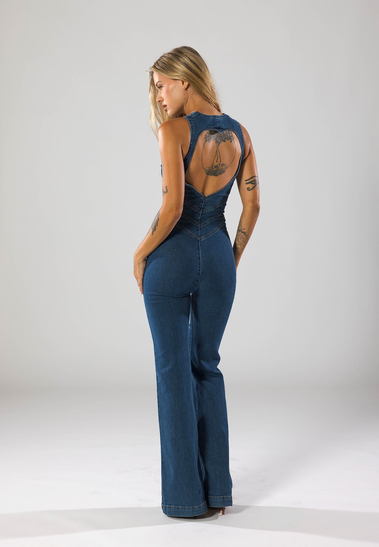 Women Jumpsuit Fitted Plunge Heart Neck Zip Closure Detail - Evergreen Outfits - Women Jumpsuit