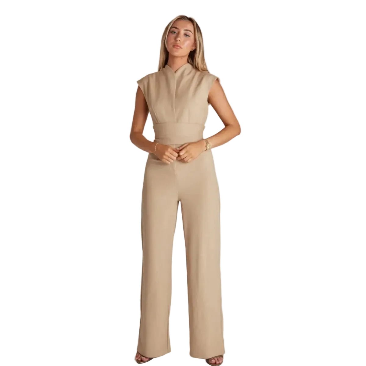Women Jumpsuit Sleeveless Tailored Full Length Wide Leg Fit - Evergreen Outfits - Women Jumpsuit