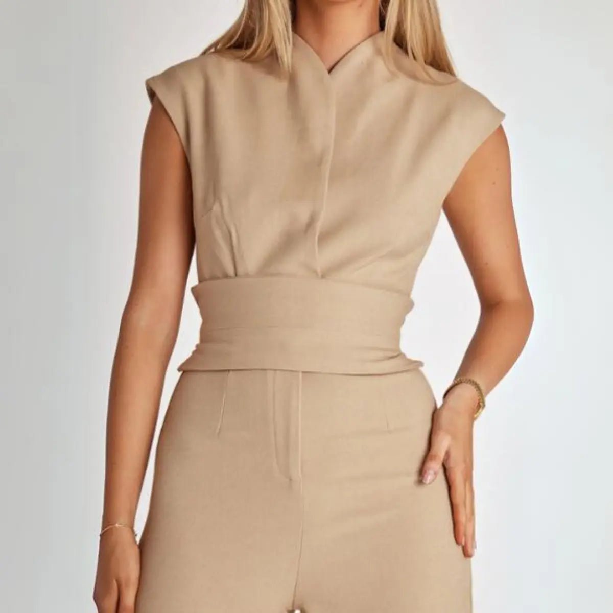 Women Jumpsuit Sleeveless Tailored Full Length Wide Leg Fit - Evergreen Outfits - Women Jumpsuit