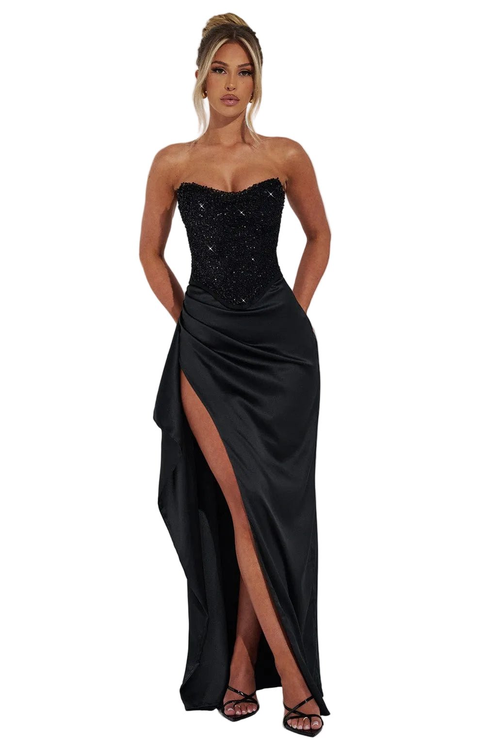 Women Maxi Dress Beaded Corset Cowl Neck Split Draped - Evergreen Outfits - Women Maxi Dress