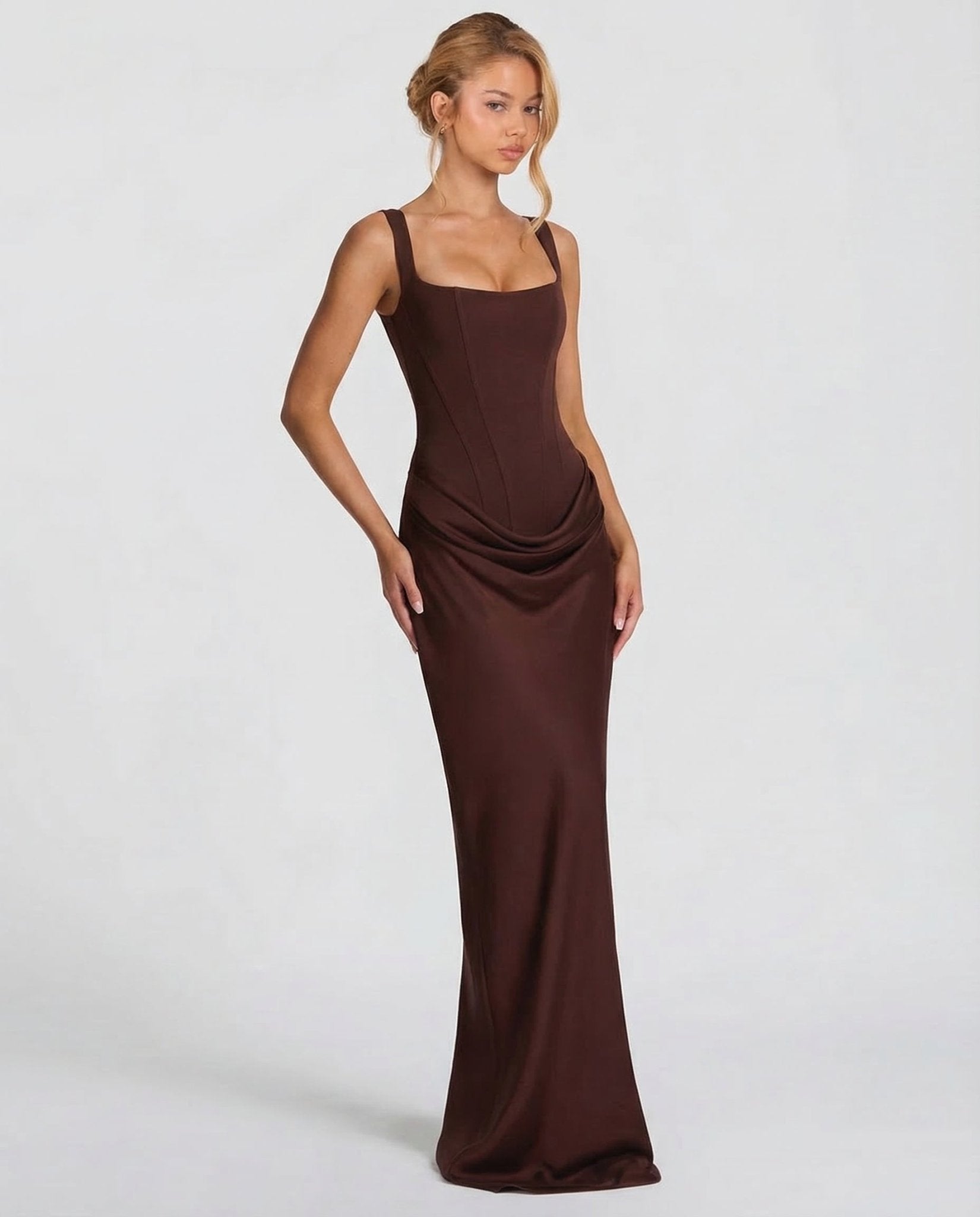 Women Maxi Dress Corset Draped Hip Sleeveless Design - Evergreen Outfits - Women Maxi Dress