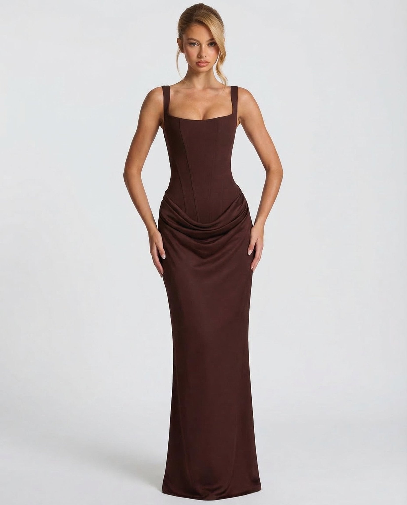 Women Maxi Dress Corset Draped Hip Sleeveless Design - Evergreen Outfits - Women Maxi Dress