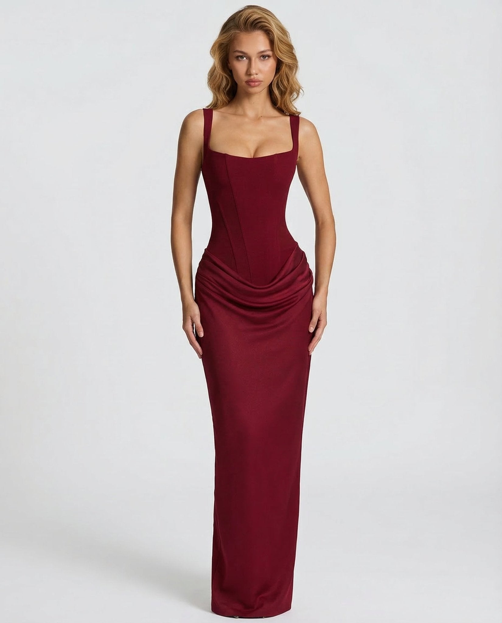 Women Maxi Dress Corset Draped Hip Sleeveless Design - Evergreen Outfits - Women Maxi Dress